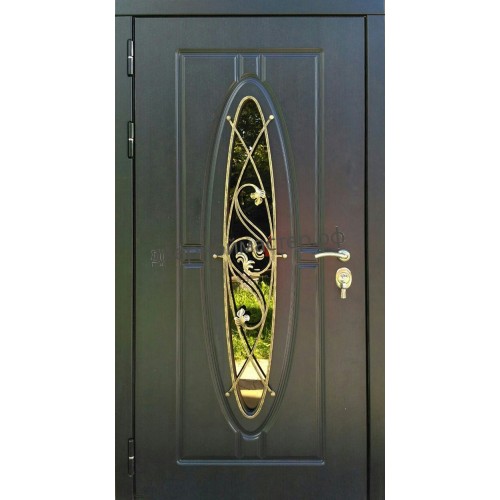 Металлическая дверь с овальным стеклом и ковкой