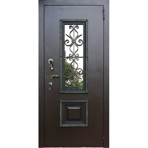 Недорогая металлическая дверь со стеклом и ковкой для частного дома